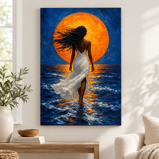 Woman White Dress Orange Sun Ocean Floater Frame Canvas Wall Art | frameless close wall hero
