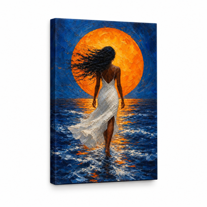 Woman White Dress Orange Sun Ocean Floater Frame Canvas Wall Art | frameless stretched canvas SKU