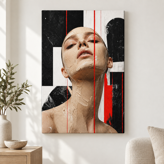 Avant Garde Beige Paste Portrait Red Lines Floater Frame Canvas Wall Art | frameless close wall hero