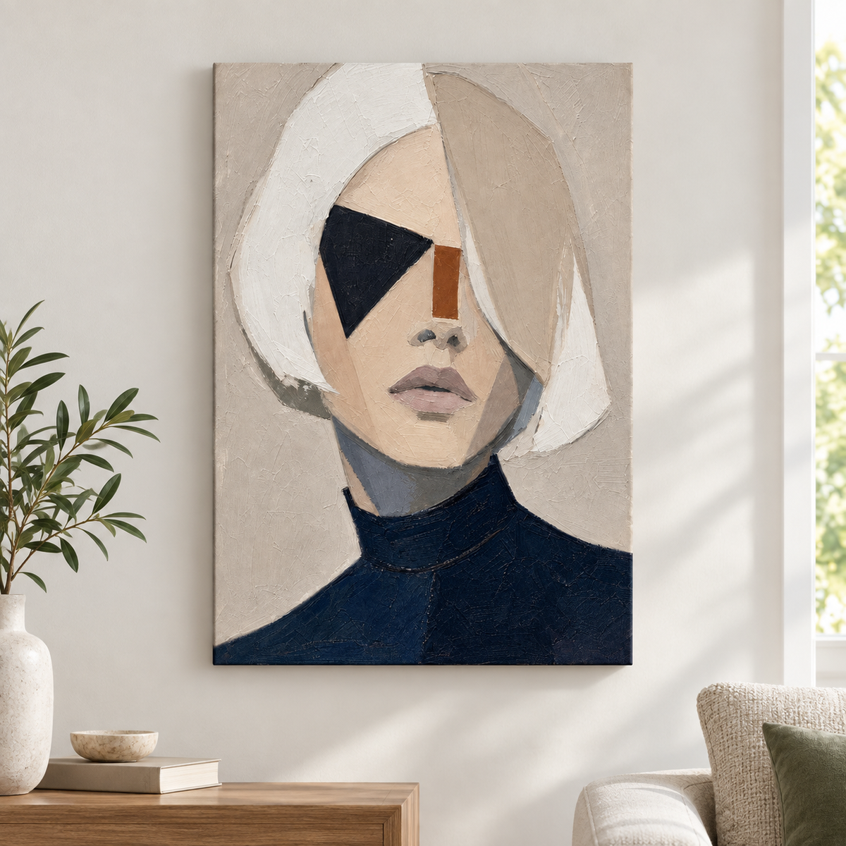 White Bob Geometric Minimal Portrait Floater Frame Canvas Wall Art | frameless close wall hero