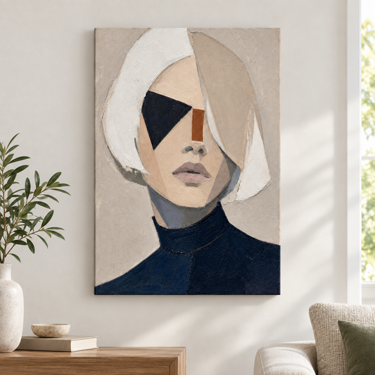White Bob Geometric Minimal Portrait Floater Frame Canvas Wall Art | frameless close wall hero