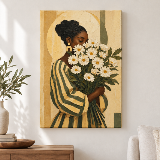 Black Woman Daisies Earthtone Floater Frame Canvas Wall Art | frameless close wall hero