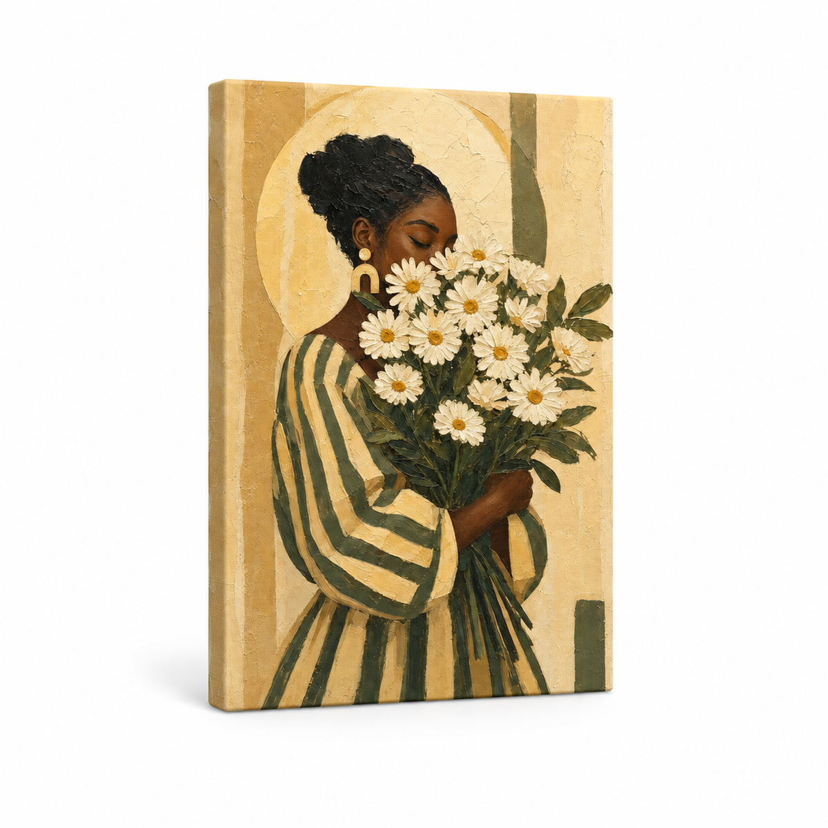 Black Woman Daisies Earthtone Floater Frame Canvas Wall Art | frameless stretched canvas SKU