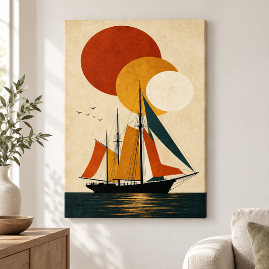 Black Sailboat Geometric Sun Poster Floater Frame Canvas Wall Art | frameless close wall hero
