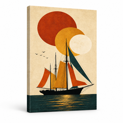Black Sailboat Geometric Sun Poster Floater Frame Canvas Wall Art | frameless stretched canvas SKU