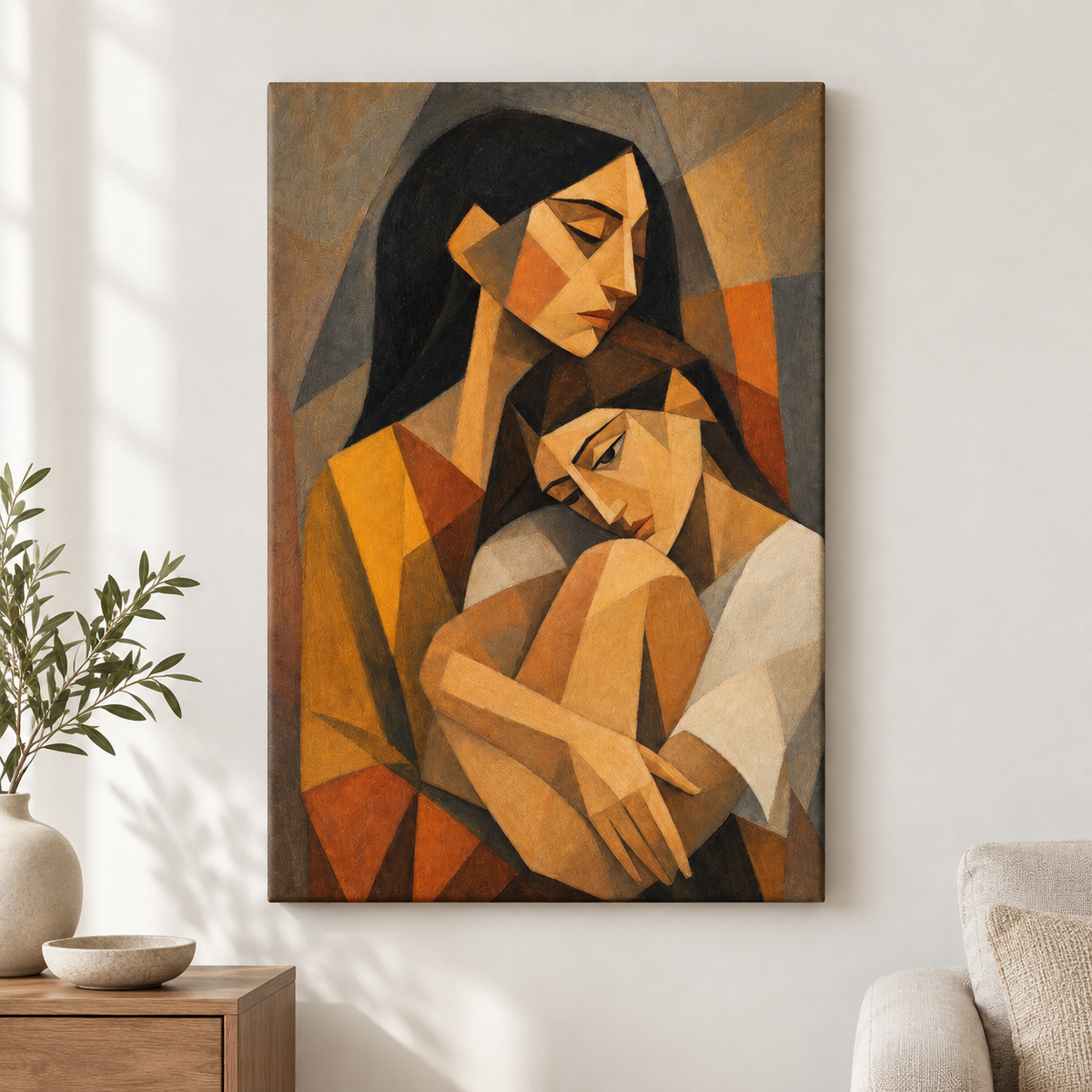 Cubist Two Women Embrace Earthtone Floater Frame Canvas Wall Art | frameless close wall hero