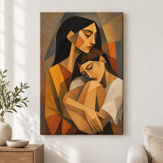 Cubist Two Women Embrace Earthtone Floater Frame Canvas Wall Art | frameless close wall hero