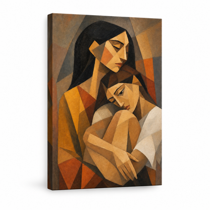 Cubist Two Women Embrace Earthtone Floater Frame Canvas Wall Art | frameless stretched canvas SKU