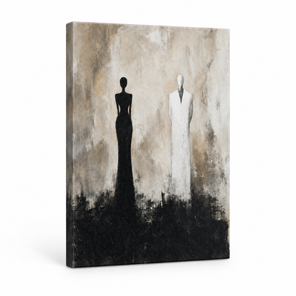 Two Faceless Figures Black White Distance Floater Frame Canvas Wall Art | frameless stretched canvas SKU