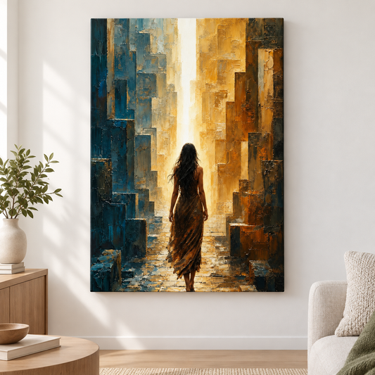 Woman Walking To Vertical Light Maze Floater Frame Canvas Wall Art | frameless close wall hero