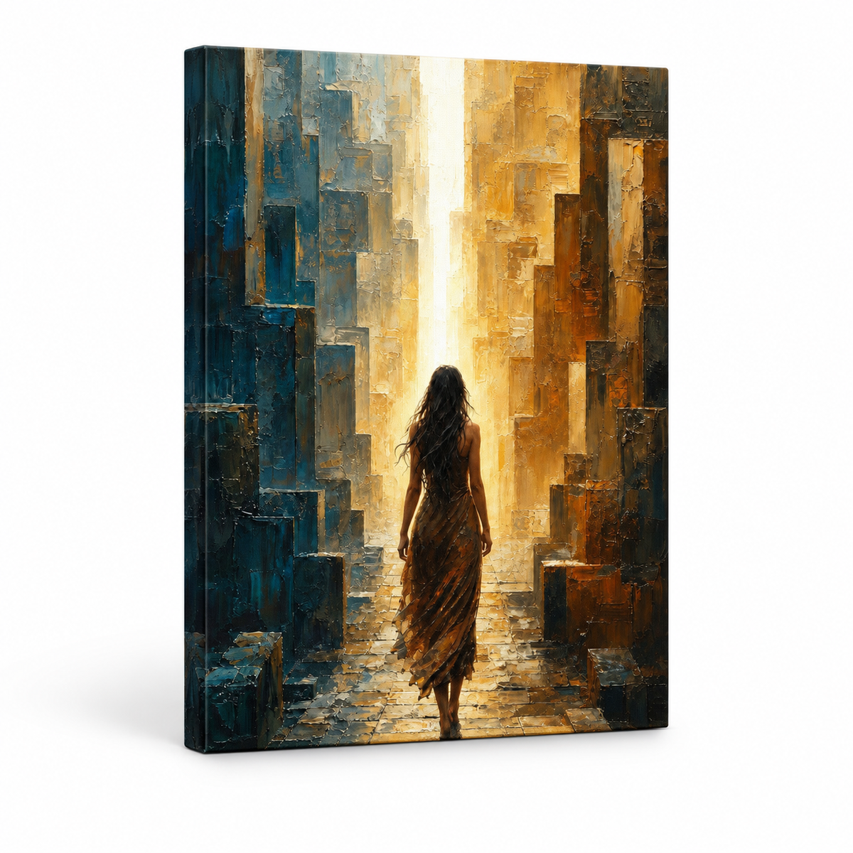 Woman Walking To Vertical Light Maze Floater Frame Canvas Wall Art | frameless stretched canvas SKU
