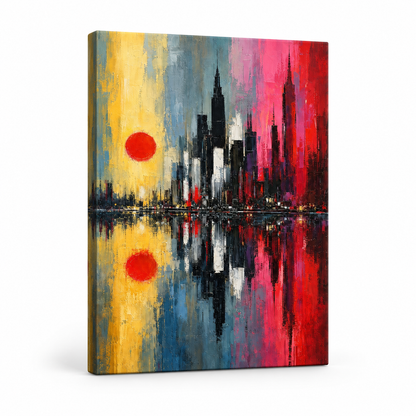 Abstract Expressionist City Reflection Floater Frame Canvas Wall Art | frameless stretched canvas SKU