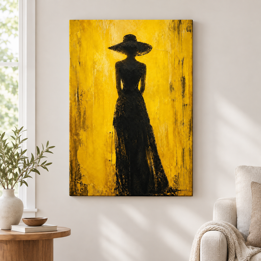 Woman Hat Silhouette Yellow Expressionist Floater Frame Canvas Wall Art | frameless close wall hero