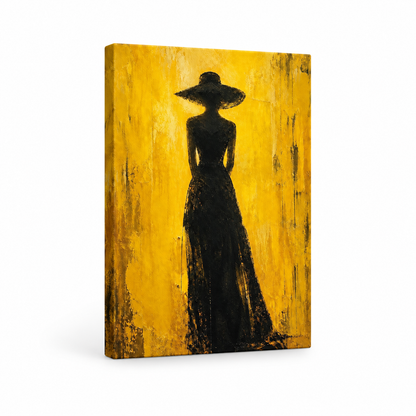 Woman Hat Silhouette Yellow Expressionist Floater Frame Canvas Wall Art | frameless stretched canvas SKU