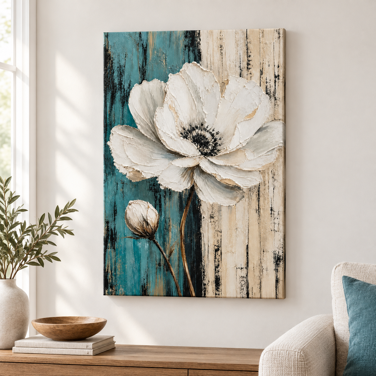 White Flower Blue Beige Stripes Floater Frame Canvas Wall Art | frameless close wall hero