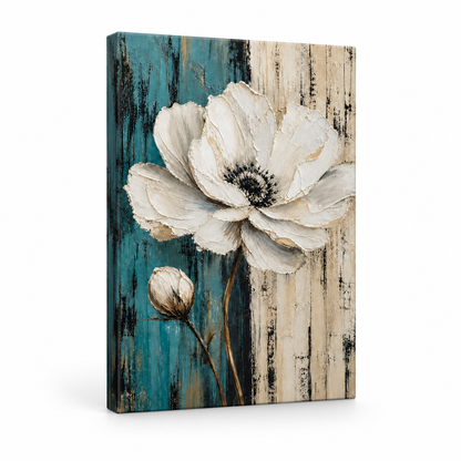 White Flower Blue Beige Stripes Floater Frame Canvas Wall Art | frameless stretched canvas SKU