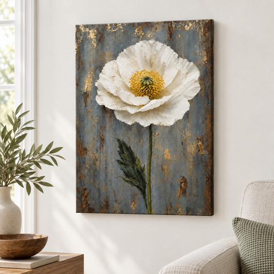 White Poppy Weathered Blue Floater Frame Canvas Wall Art | frameless close wall hero