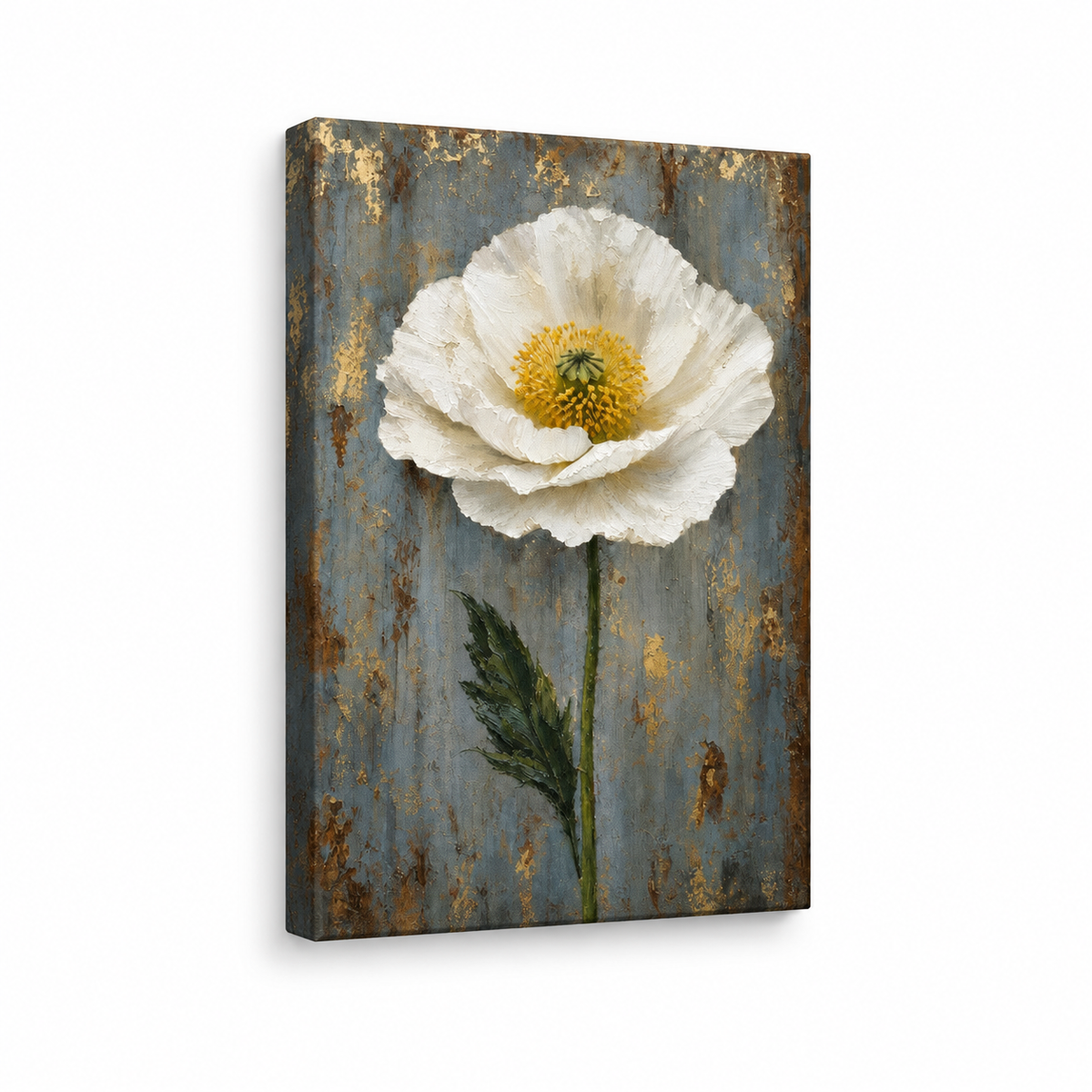 White Poppy Weathered Blue Floater Frame Canvas Wall Art | frameless stretched canvas SKU