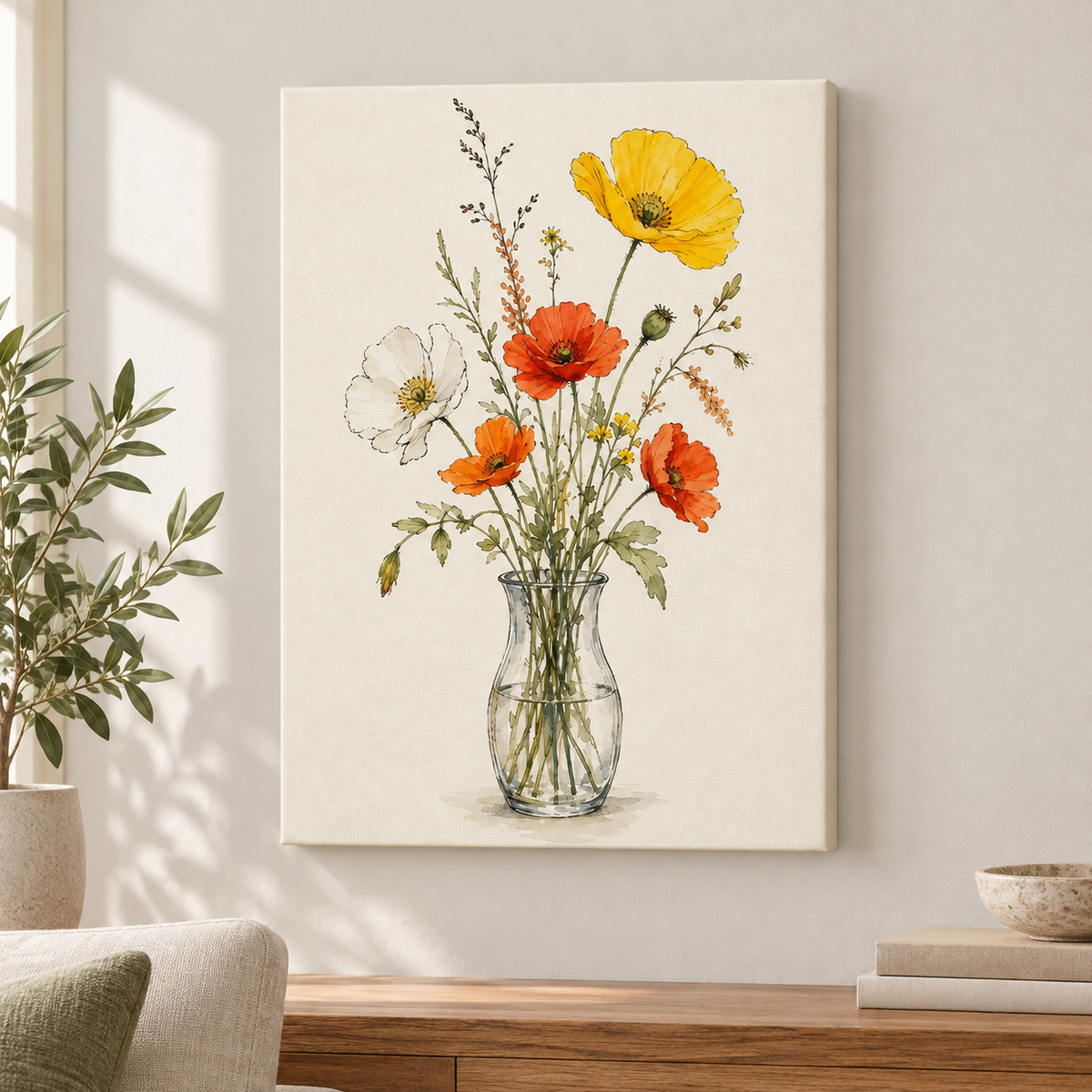 Wildflowers Glass Vase Minimal Watercolor Floater Frame Canvas Wall Art | frameless close wall hero
