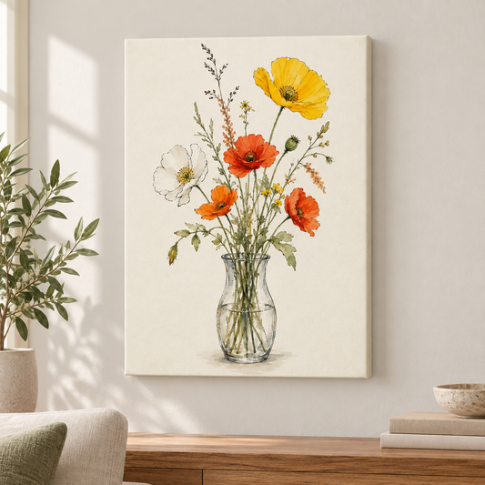 Wildflowers Glass Vase Minimal Watercolor Floater Frame Canvas Wall Art | frameless close wall hero