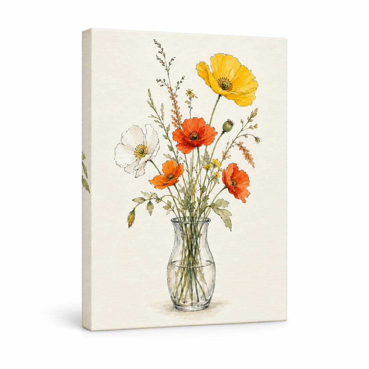 Wildflowers Glass Vase Minimal Watercolor Floater Frame Canvas Wall Art | frameless stretched canvas SKU