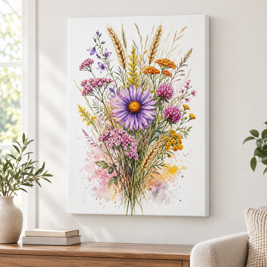 Purple Daisy Wildflower Watercolor Splash Floater Frame Canvas Wall Art | frameless close wall hero