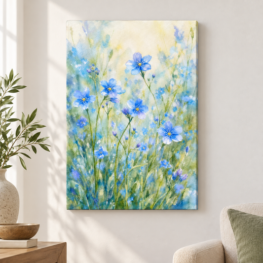 Blue Wildflowers Dreamy Watercolor Floater Frame Canvas Wall Art | frameless close wall hero