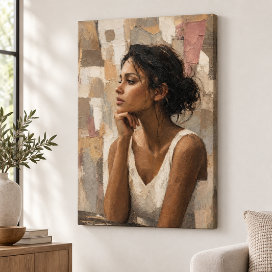 Abstract Thinking Woman Impasto Floater Frame Canvas Wall Art | frameless close wall hero