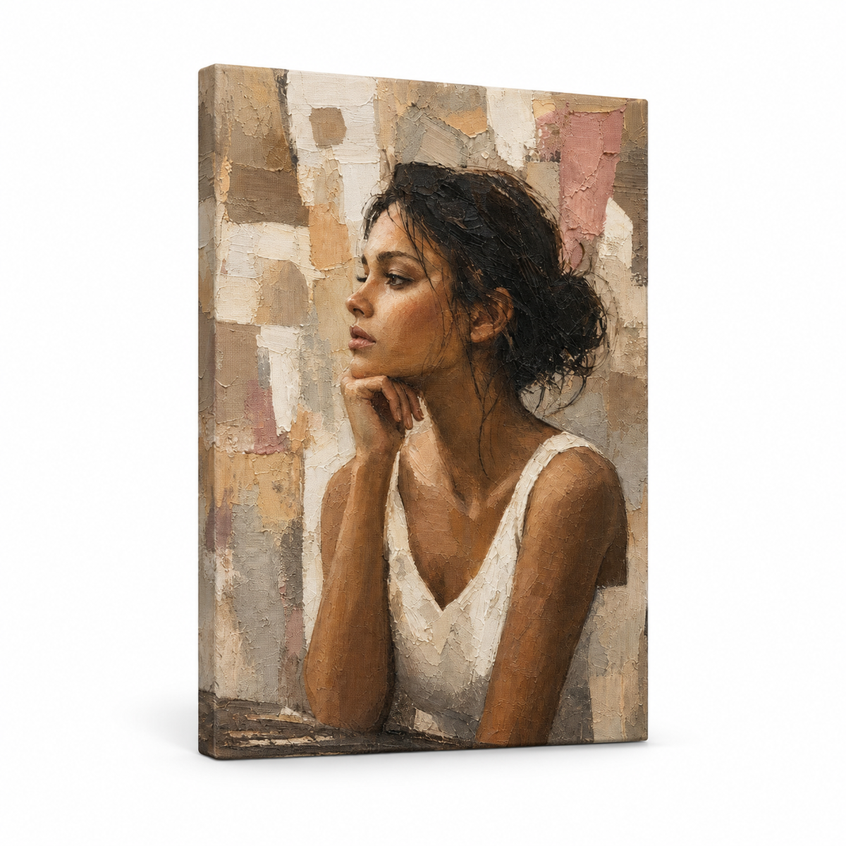 Abstract Thinking Woman Impasto Floater Frame Canvas Wall Art | frameless stretched canvas SKU