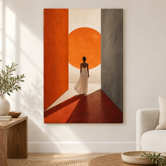 Woman White Dress Orange Sun Corridor Floater Frame Canvas Wall Art | frameless close wall hero