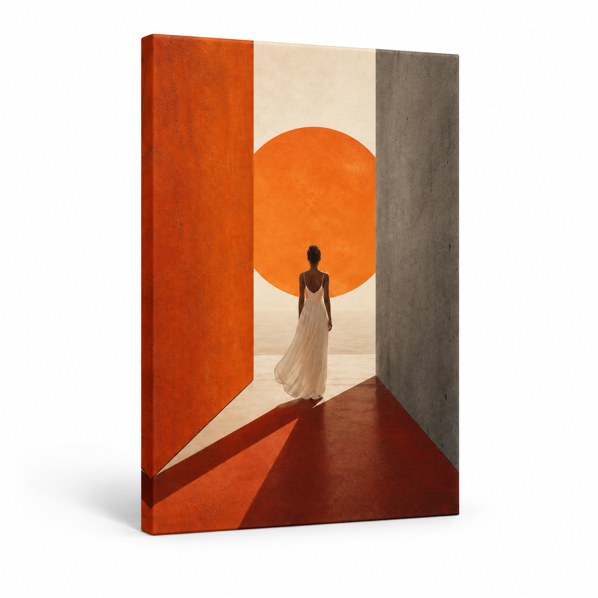 Woman White Dress Orange Sun Corridor Floater Frame Canvas Wall Art | frameless stretched canvas SKU