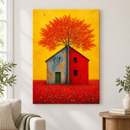 Split House Tree Yellow Sky Floater Frame Canvas Wall Art | frameless close wall hero