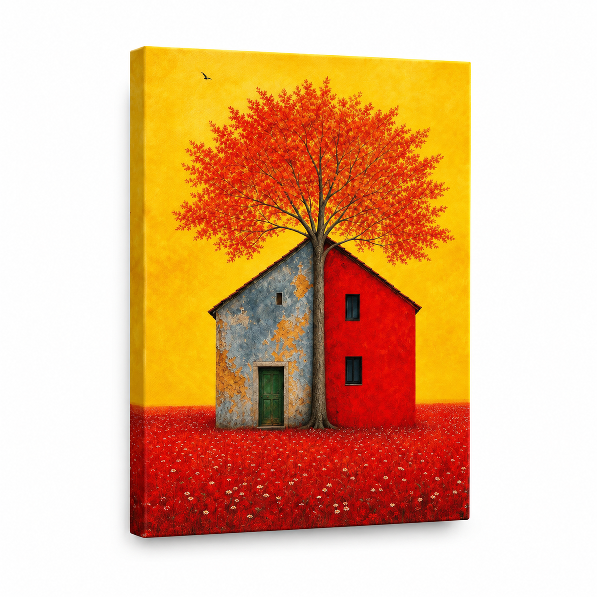 Split House Tree Yellow Sky Floater Frame Canvas Wall Art | frameless stretched canvas SKU