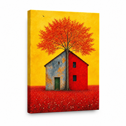 Split House Tree Yellow Sky Floater Frame Canvas Wall Art | frameless stretched canvas SKU