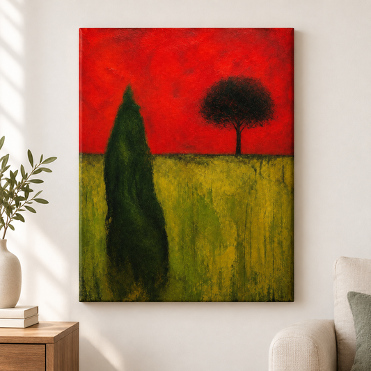 Green Organic Shape Red Sky Tree Expressionist Floater Frame Canvas Wall Art | frameless close wall hero