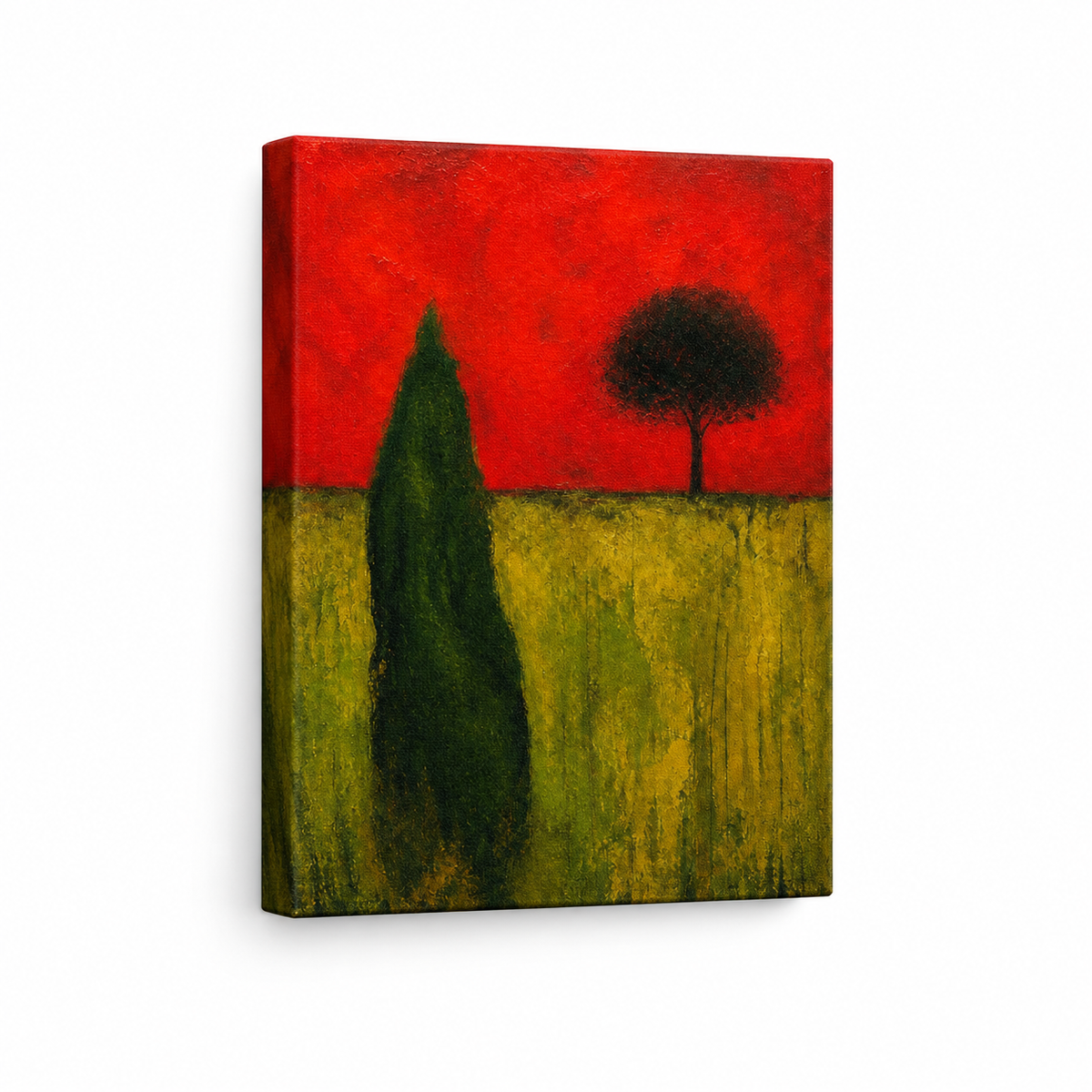 Green Organic Shape Red Sky Tree Expressionist Floater Frame Canvas Wall Art | frameless stretched canvas SKU