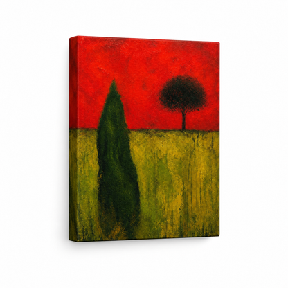 Green Organic Shape Red Sky Tree Expressionist Floater Frame Canvas Wall Art | frameless stretched canvas SKU