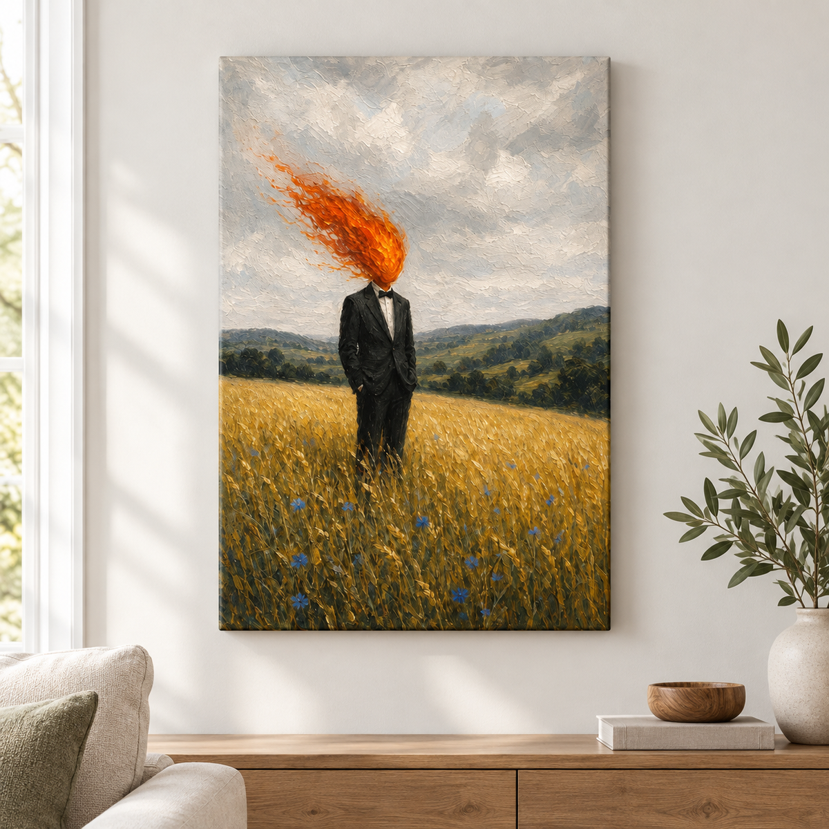 Flame Head Suit Wheat Field Floater Frame Canvas Wall Art | frameless close wall hero