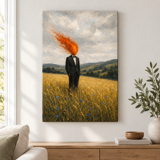 Flame Head Suit Wheat Field Floater Frame Canvas Wall Art | frameless close wall hero