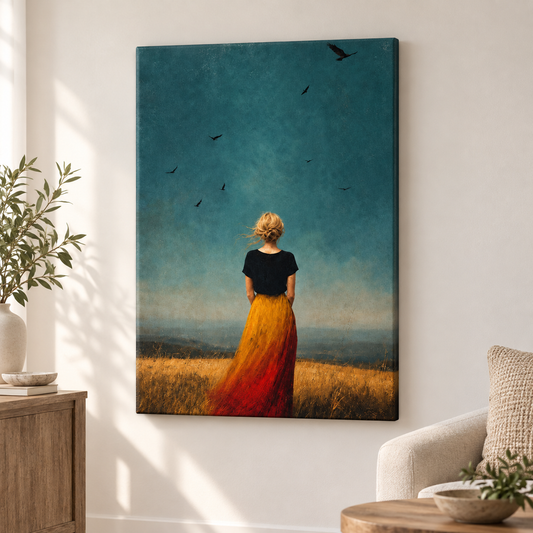 Blonde Woman Gold Grass Teal Sky Floater Frame Canvas Wall Art | frameless close wall hero