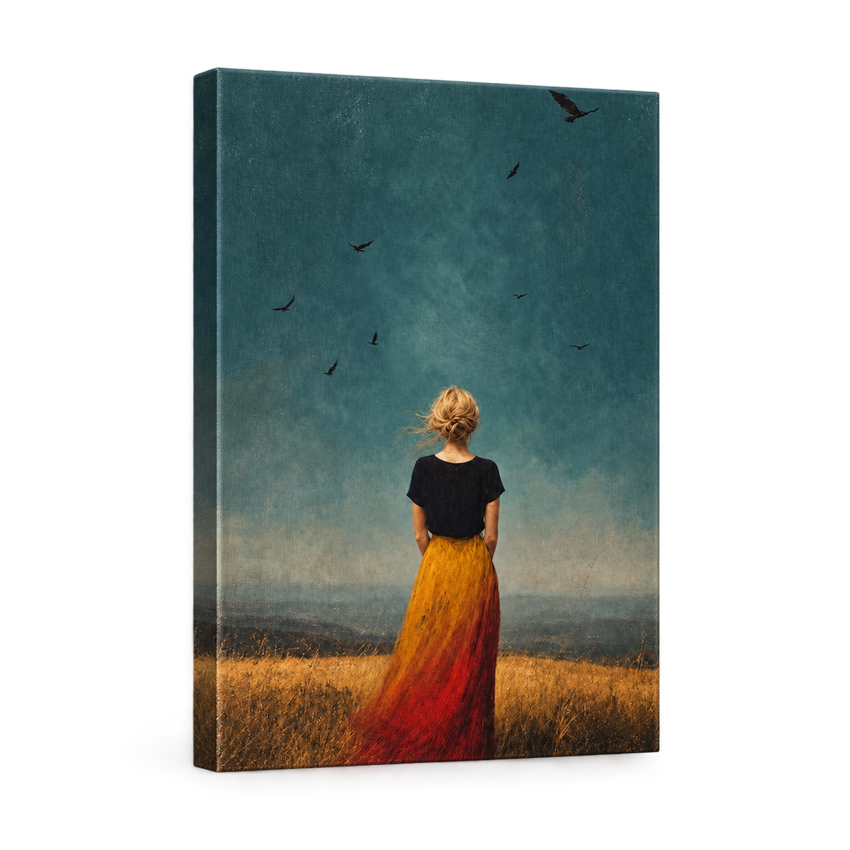 Blonde Woman Gold Grass Teal Sky Floater Frame Canvas Wall Art | frameless stretched canvas SKU
