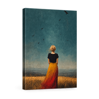 Blonde Woman Gold Grass Teal Sky Floater Frame Canvas Wall Art | frameless stretched canvas SKU