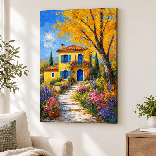 Yellow Country Villa Autumn Tree Floater Frame Canvas Wall Art | frameless close wall hero