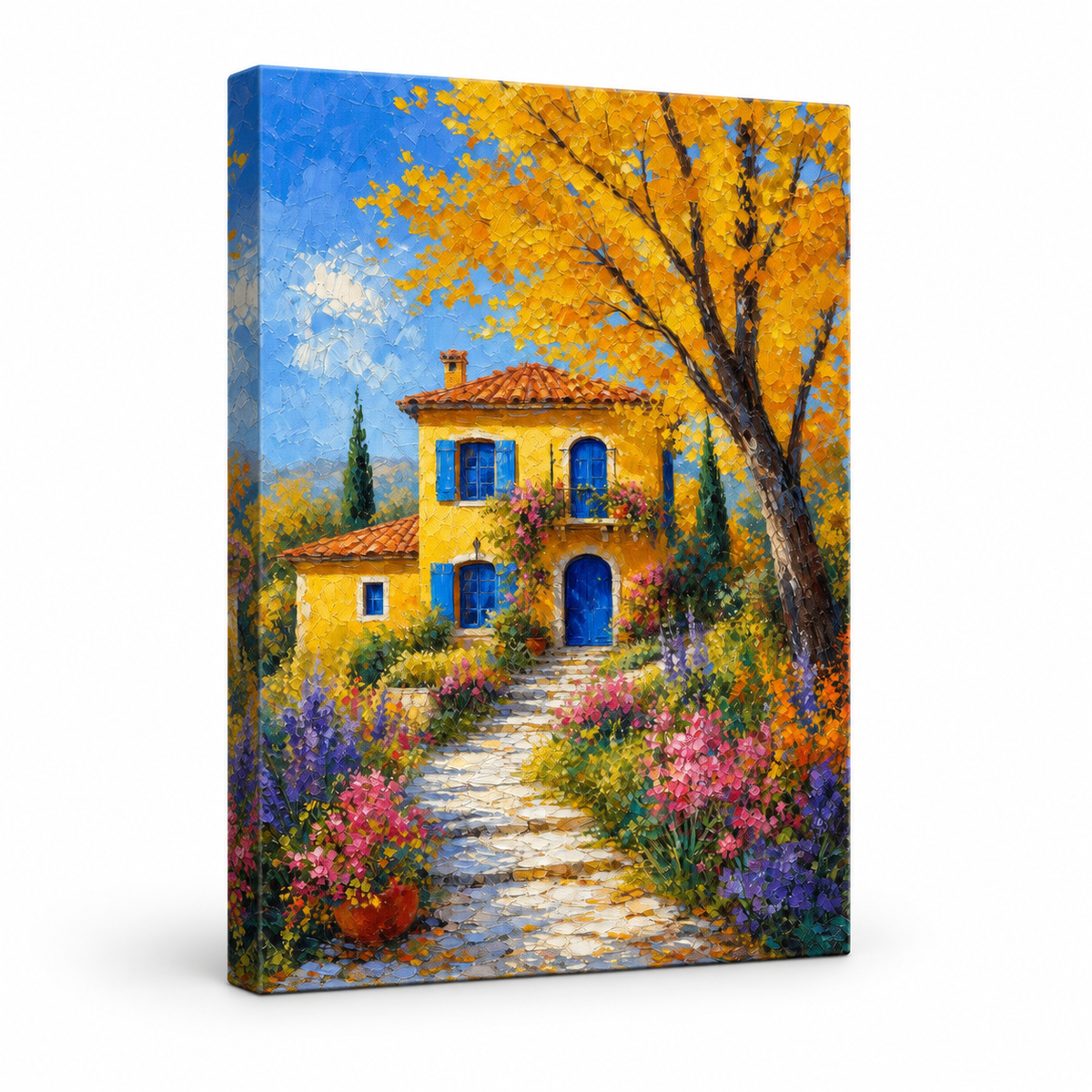 Yellow Country Villa Autumn Tree Floater Frame Canvas Wall Art | frameless stretched canvas SKU