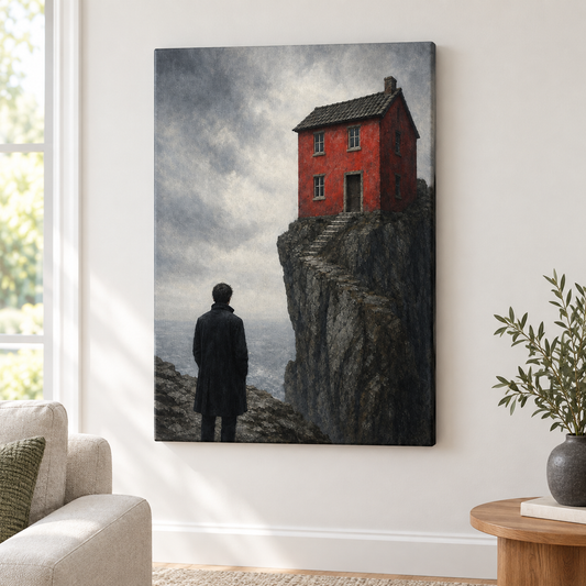 Red House Cliff Black Coat Figure Floater Frame Canvas Wall Art | frameless close wall hero