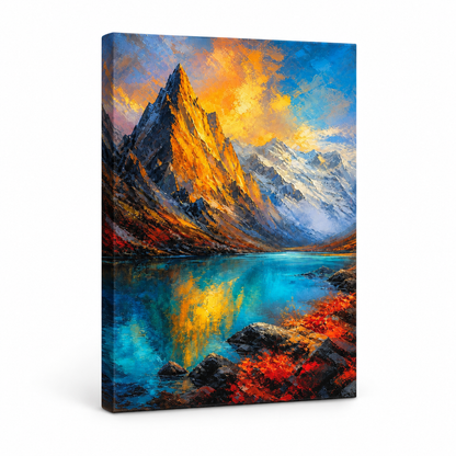Mountain Lake Impressionist Floater Frame Canvas Wall Art | frameless stretched canvas SKU