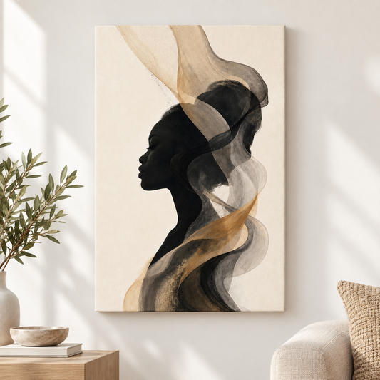 Black Female Profile Ribbon Abstract Floater Frame Canvas Wall Art | frameless close wall hero
