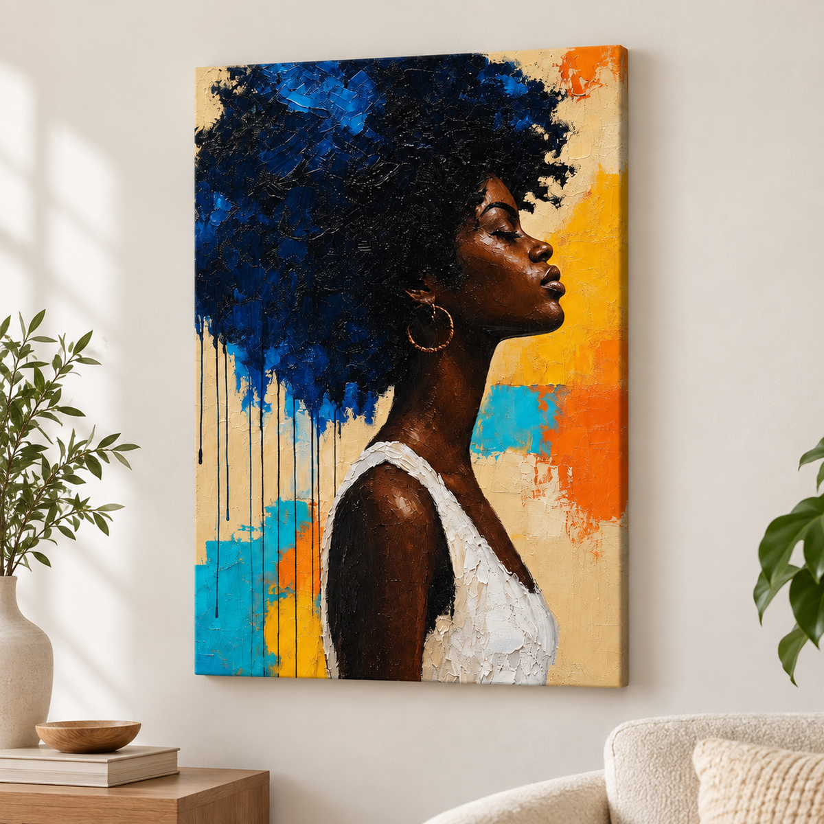 Blue Afro Profile Impasto Portrait Floater Frame Canvas Wall Art | frameless close wall hero