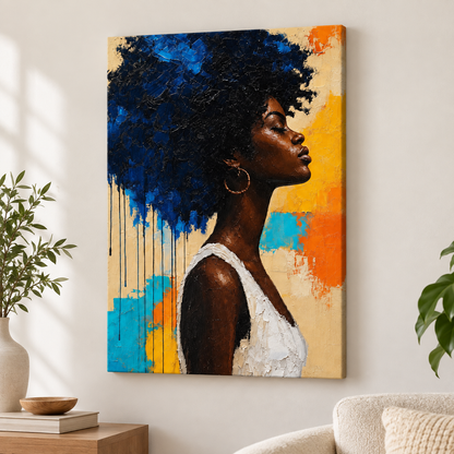 Blue Afro Profile Impasto Portrait Floater Frame Canvas Wall Art | frameless close wall hero