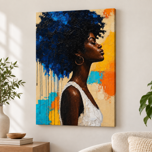 Blue Afro Profile Impasto Portrait Floater Frame Canvas Wall Art | frameless close wall hero